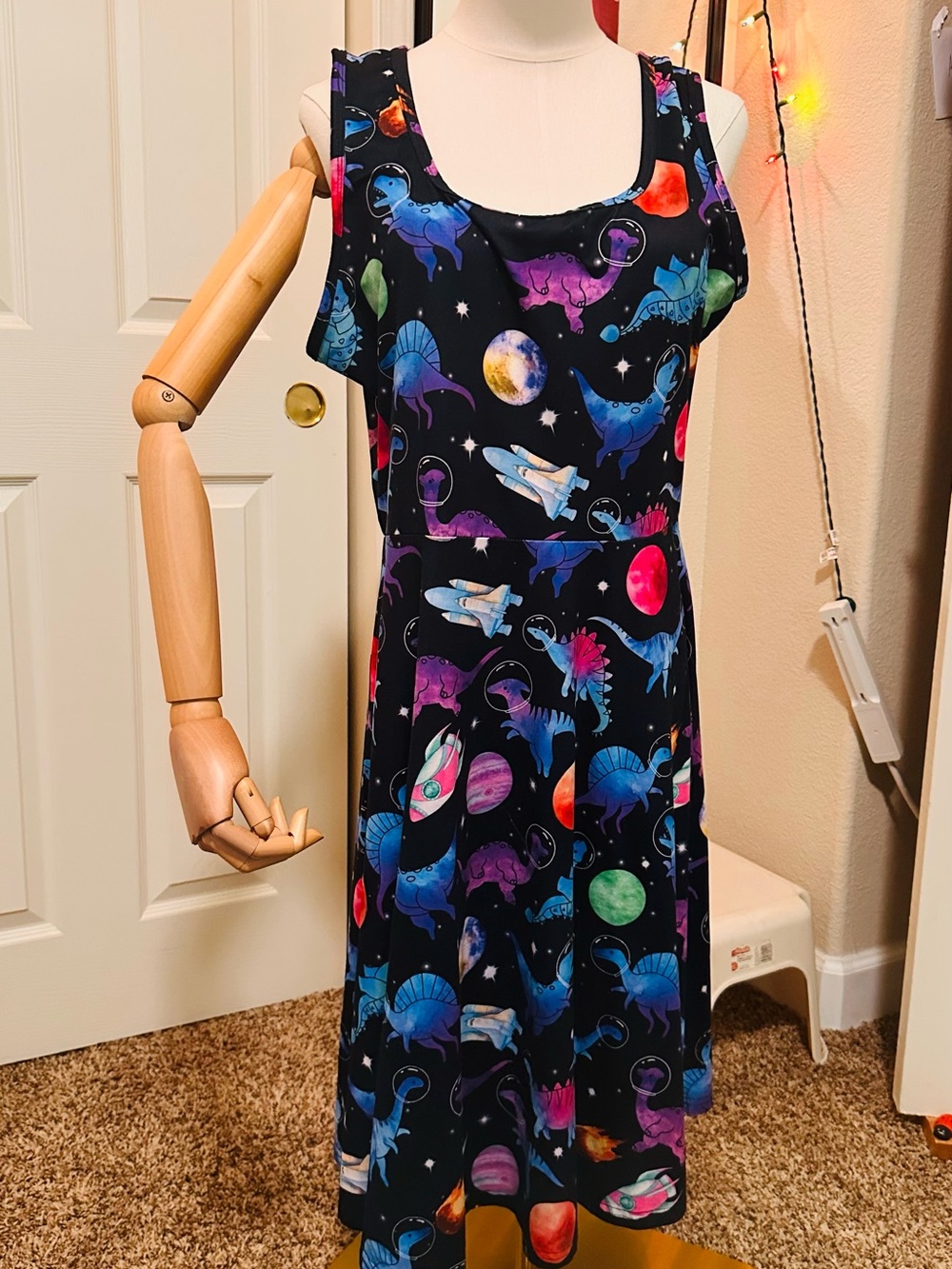 Youth / young adult  Black Space Dinosaur Print Sleeveless Dress